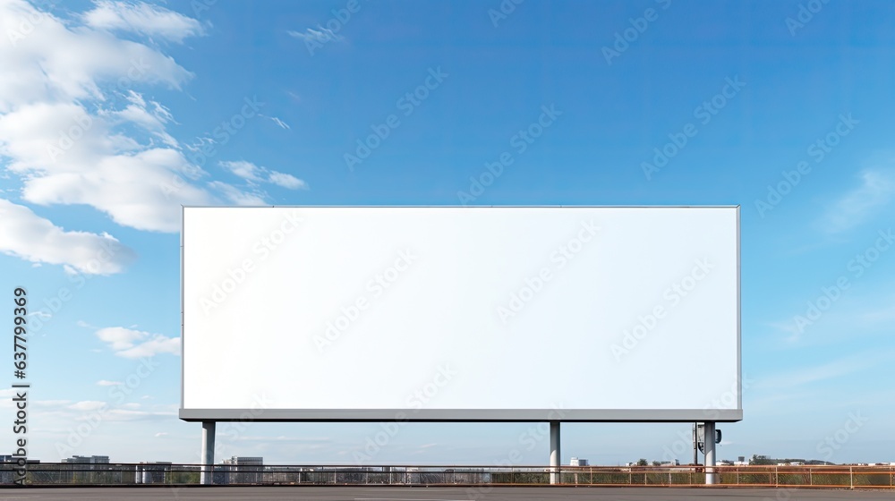 Obraz premium Empty billboard with white screen and sky backdrop Advertisement space for business. Mockup image