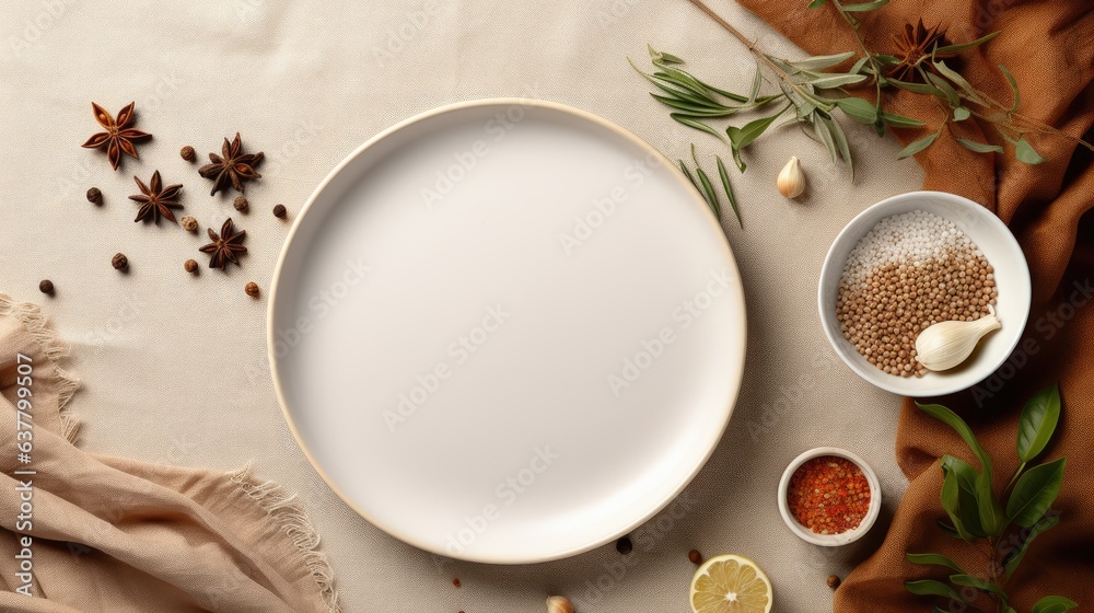 Top view of a food photo mockup with spices and napkin on an abstract background copy space Top view of a food photo mockup with spices and napkin on an abstract background copy space