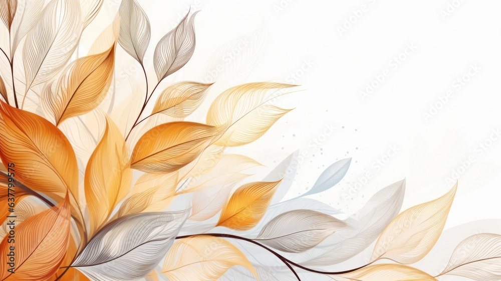 Autumn Fall Seasonal Floral background with  textures and detail with red and yellow leaves with soft focus light and outlined leaves on white background. Abstract floral organic wallpaper background 