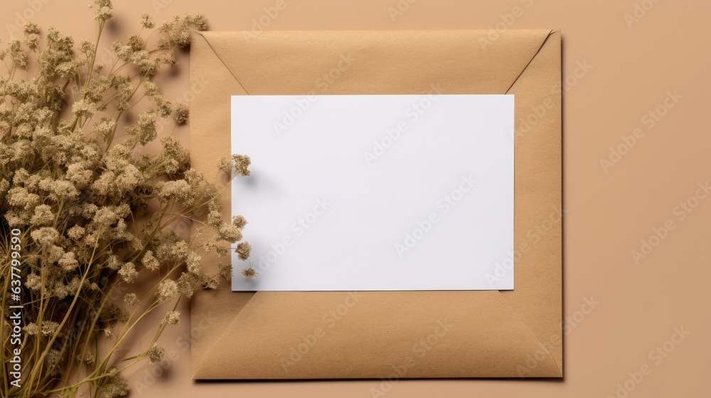 Mockup of an invitation or greeting card showcasing a craft paper envelope eucalyptus and gypsophila twigs The card features copy space and a beige background Mockup of an invitation or greeting card showcasing a craft paper envelope eucalyptus and gypsophila twigs The card features copy space and a beige background