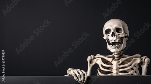Skeleton holding black empty card on black background mockup for Halloween card