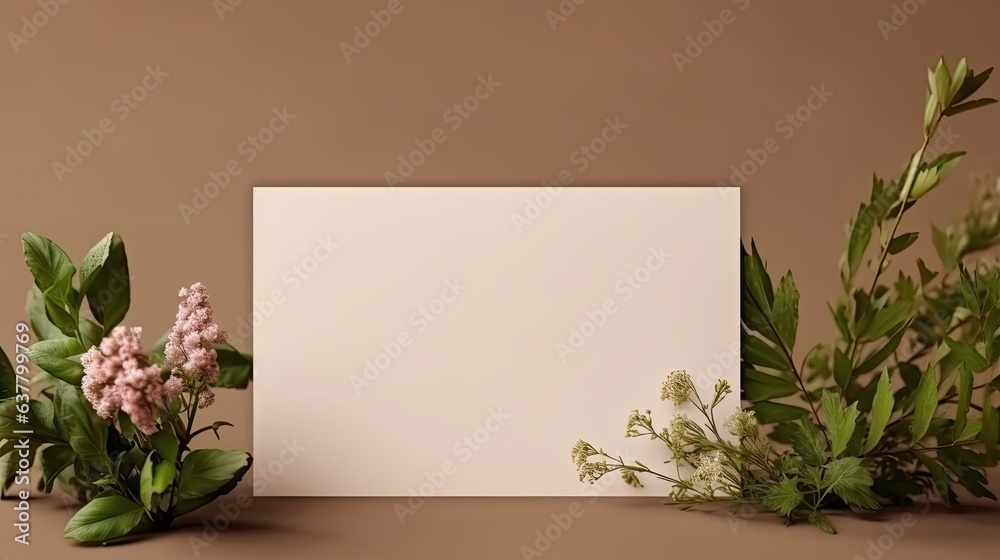 Person holding blank card and envelope with flowers on beige background elegant template for invitation greeting or business card with space for text. Mockup image
