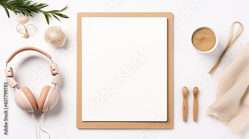 Minimalist home office desk workspace template with white background and blank mockup copy space featuring elegant women s accessories a clipboard and headphones