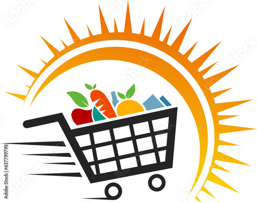 Supermarket shopping cart,vegetables on shopping cart trolley grocery store, vector illustration 