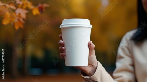 Unidentifiable hand grasping an environmentally friendly paper cup with space for design Cup of tea or coffee with autumn leaves near natural surroundings Harmon . Mockup image