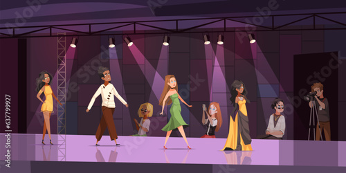 Fashion week show. Cartoon models defile catwalk in fashionable clothes, viewers take pictures and shoot, runway show, glamor entertainment, women on podium, tidy vector concept