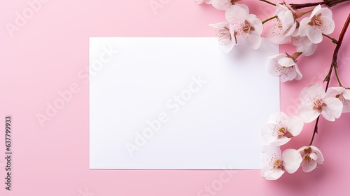 Empty white paper with flower decoration on a pink background along with a mockup of a white invitation card