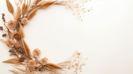 Flatlay boho floral template Wreath frame with dried grass stems on a white background with copy space . Mockup image