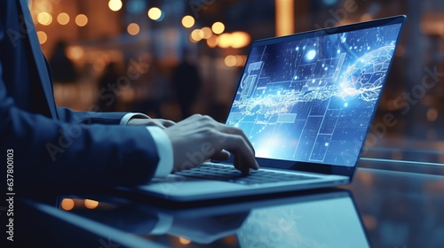 Businessman laptop using ,Social, media, Marketing concept with generative Ai