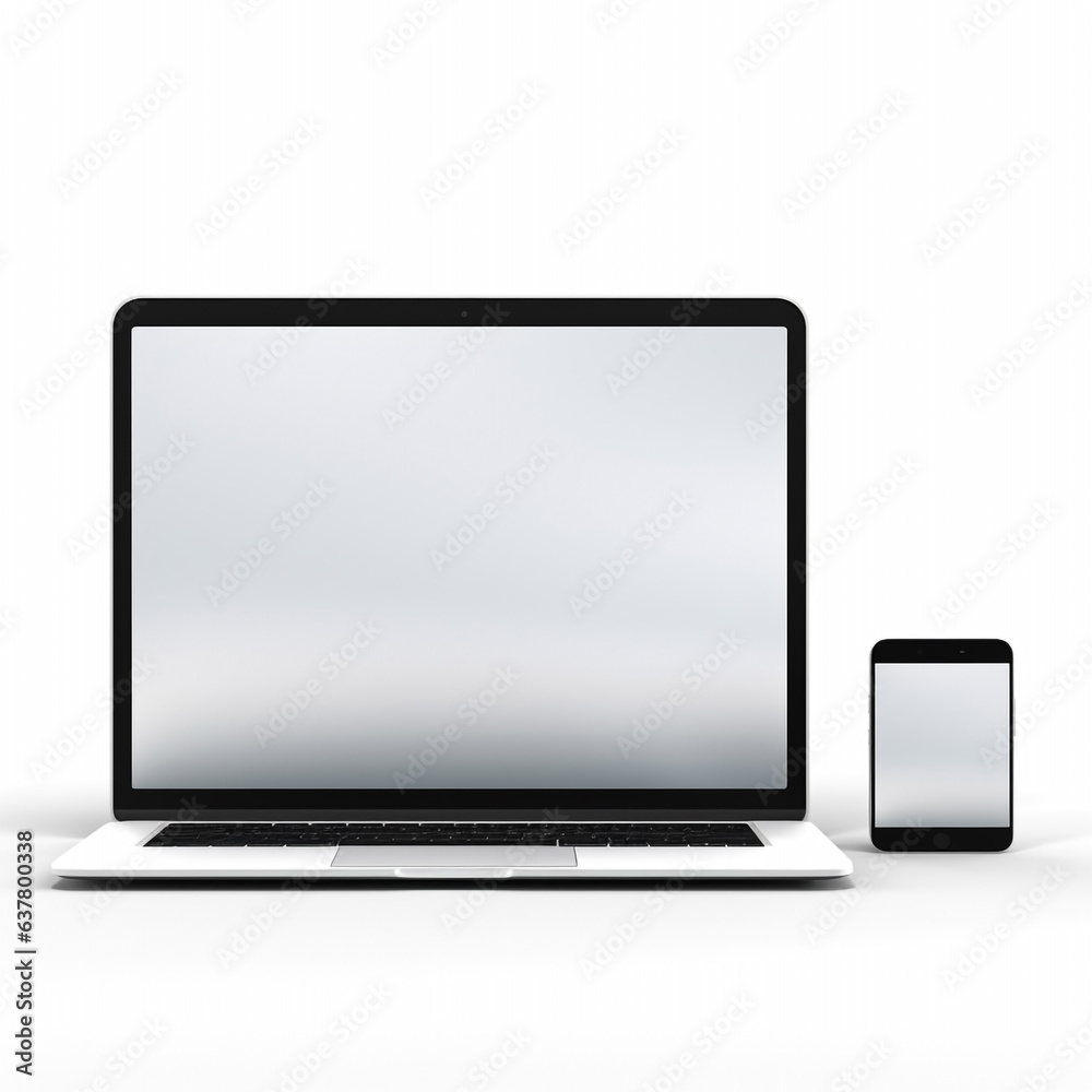 Isolated white screen tablet laptop and smartphone composition, no shadow, white background with generative Ai Isolated white screen tablet laptop and smartphone composition, no shadow, white background with generative Ai