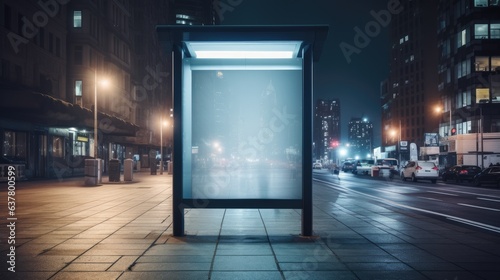 A blank white vertical light box in a city bus stop at night. Mockup image