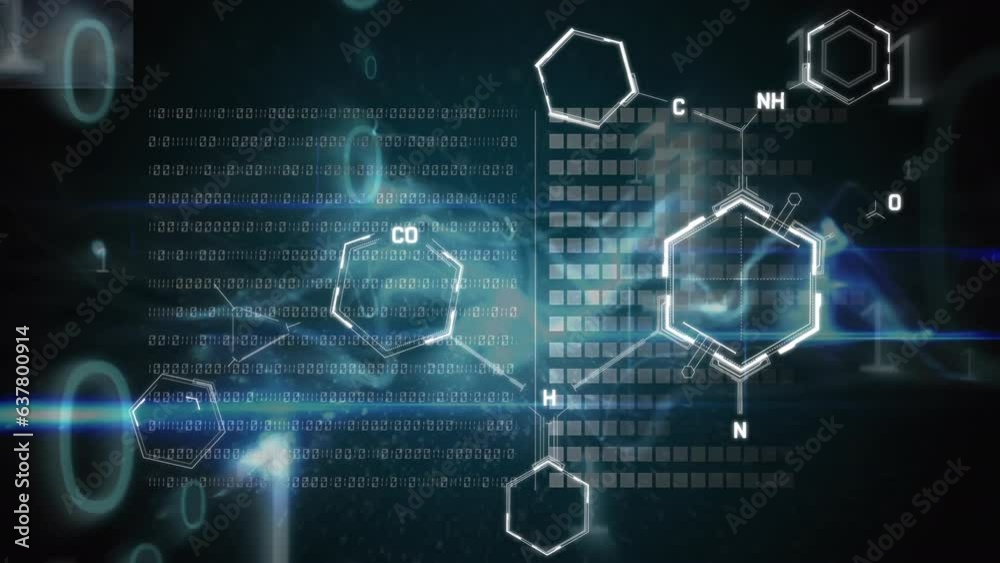 Animation of chemical structures and binary coding against blue digital wave and data processing Animation of chemical structures and binary coding against blue digital wave and data processing