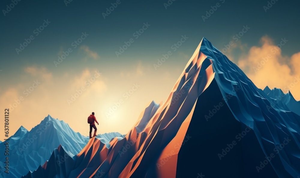 Goal to success for level up with person climbing on route slope to mountain peak. human performance limit concepts. growth mindset and motivation. Generative AI - obrazy, fototapety, plakaty 