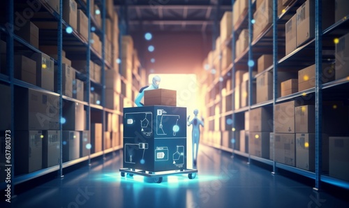 Business management or organization with smart system. package box or contener in storage warehouse. robot automation technology. market demand and supply. Generative AI
