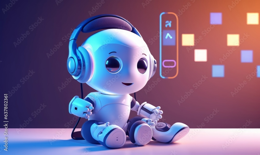 cute robot learning or relaxing with music and computer. Generative AI