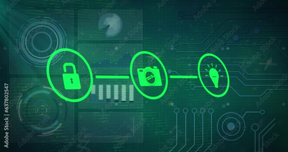 Animation of network of digital icons against interface with data processing on green background Animation of network of digital icons against interface with data processing on green background