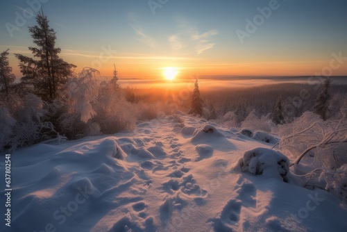 Photo of a beautiful sunset over a snowy landscape