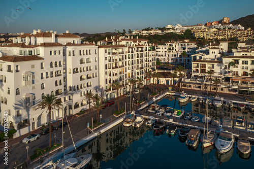 Beautiful view of Puerto de la Duquesa   sunrise  marina view captured from drone  aerial photography