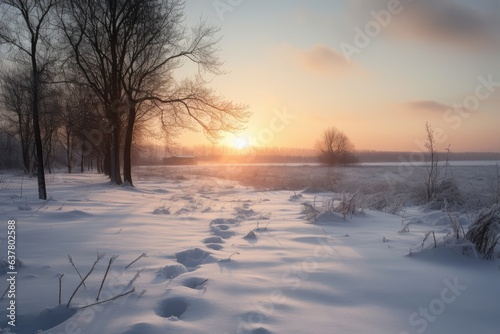 Photo of a stunning sunset over a snow-covered field