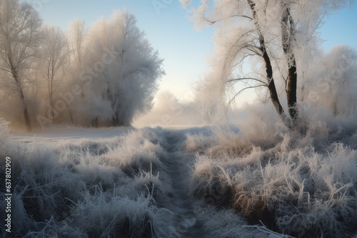 Photo of a winter landscape with frost-covered trees and bushes