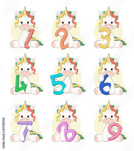 Set of cute happy birthday unicorns with rainbow numbers like ages