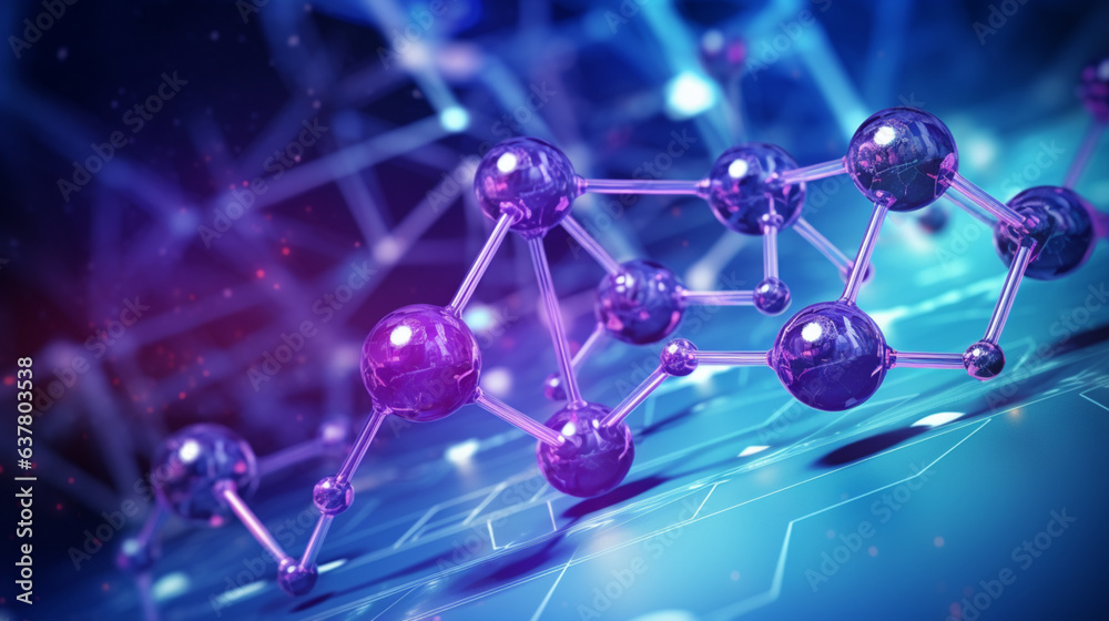 a chemical structure and, in the style of light navy and purple, futuristic chromatic waves and scientific diagrams a chemical structure and, in the style of light navy and purple, futuristic chromatic waves and scientific diagrams
