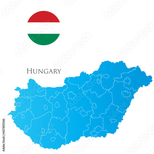 Map of Hungary with separate districts with flag aside.
