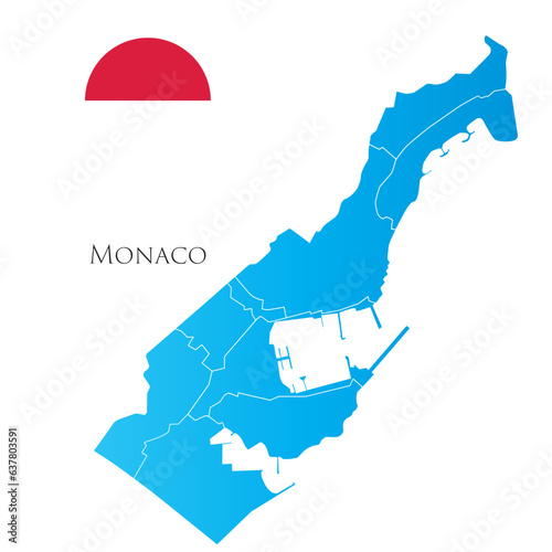 Map of Monaco with separate districts with flag aside.