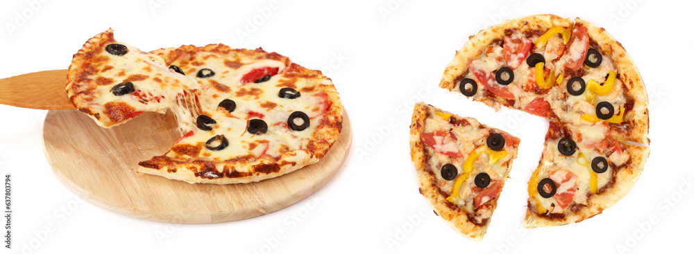 pizza with black olives on a wooden board isolated on white background pizza with black olives on a wooden board isolated on white background