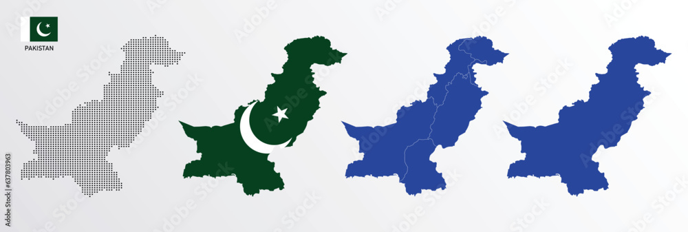 Set of political maps of Pakistan with regions isolated and flag on white background. Pakistan map blue color vector illustration.
