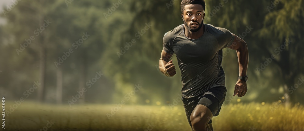 Fit happy African American man jogging in green park. Full length photo.