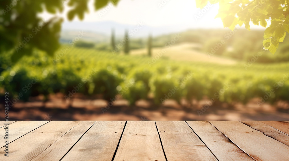 Empty wooden boards, weathered planks table top with blur background of vineyard at sunny summer day. - obrazy, fototapety, plakaty 
