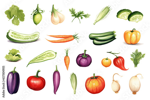 Set of vegetable illustrations on clear background for print, books, website, decoration