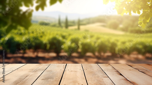 Empty wooden boards, weathered planks table top with blur background of vineyard at sunny summer day.