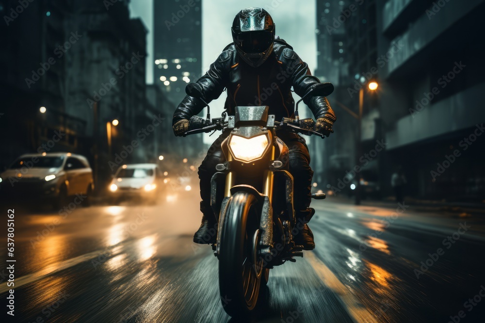 An urban scene showing a motorcycle rider navigating through city streets, embodying the excitement and energy of urban exploration. Generative AI An urban scene showing a motorcycle rider navigating through city streets, embodying the excitement and energy of urban exploration. Generative AI