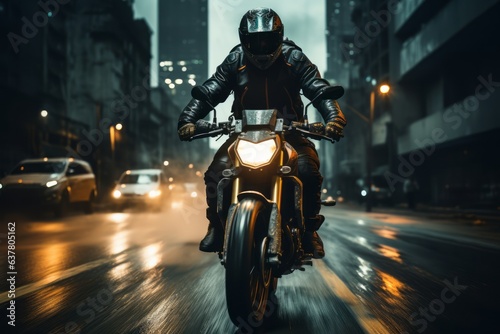 An urban scene showing a motorcycle rider navigating through city streets, embodying the excitement and energy of urban exploration. Generative AI © bluebeat76