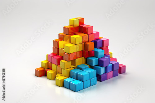 Colored cubes close-up on a white background. Mountain of colored cubes.