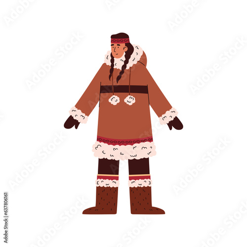 North woman in traditional Eskimos clothing, vector brunette with pigtails in warm ethnic clothes made of wool and furs