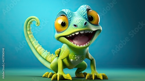 Cute 3D cartoon chameleon character.