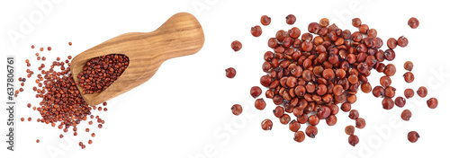 Fototapeta Naklejka Na Ścianę i Meble -  red quinoa seeds in wooden scoop isolated on white background with full depth of field. Top view. Flat lay