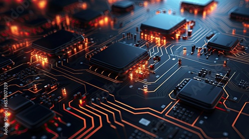 Technology business 3d illustration chipset circuit neon light glow background