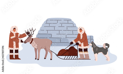 North people in traditional Eskimos clothing, igloo, Husky dog, reindeer sleigh with sled cartoon vector illustration