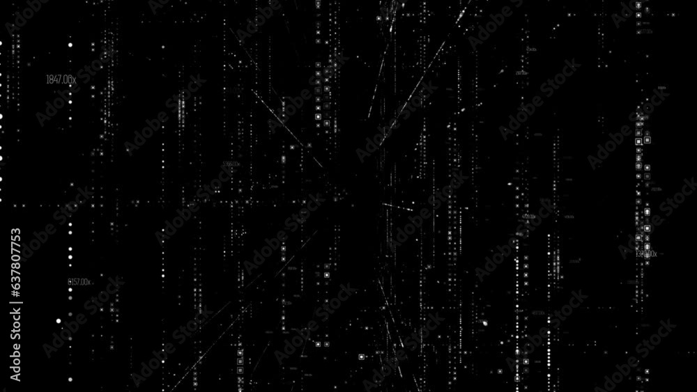Digital animation of letters, characters, shapes and particles moving in matrix style, matrix effect, dark background good for overlays, digital world concept.