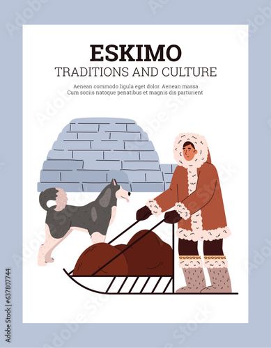 Eskimo traditions and culture banner or poster template vector illustration.