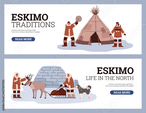 Culture at the north pole vector flyers set, people in traditional Eskimos clothing, igloo, Husky dog, reindeer sleigh