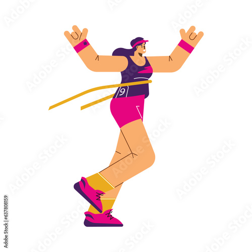 Female marathon runner cross the finish line, happy woman in sportswear won, vector flat illustration athlete number 9