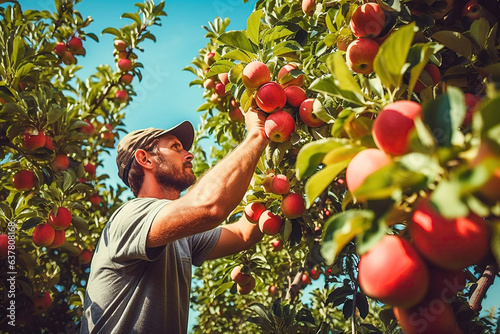 Fototapeta Farmer picking apples with his bare hands