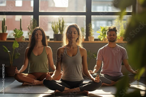 Young adults meditating in yoga class  focusing on flexibility and calmness. Concept of balanced well-being.