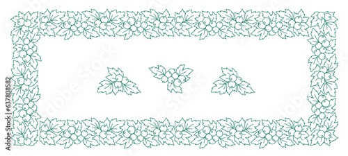 Ribes line pattern rectangular frame ornament. Gooseberries berry ornamental plants. Flourish background. Vector editable outline stroke.