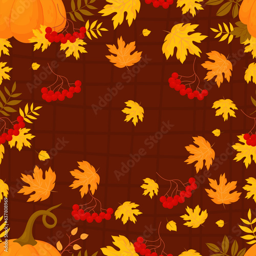 Fall seamless pattern. Bunches red rowan berry with autumn leaves with pumpkin on brown checkered background. Vector autumnal illustration for design, packaging, wallpaper and textile.